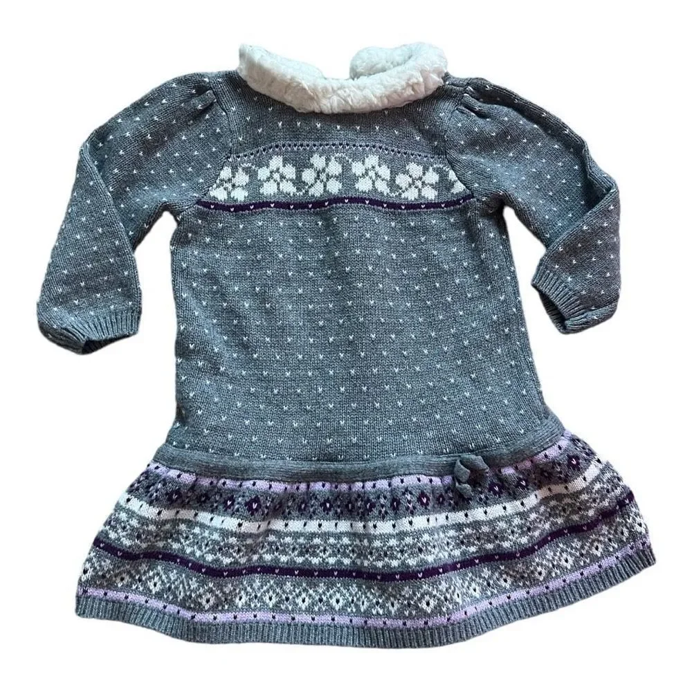 Baby Girls Fair Isle Sparkle Fun Faux Fur Trimmed Sweater Dress - Sz 18-24 mo
